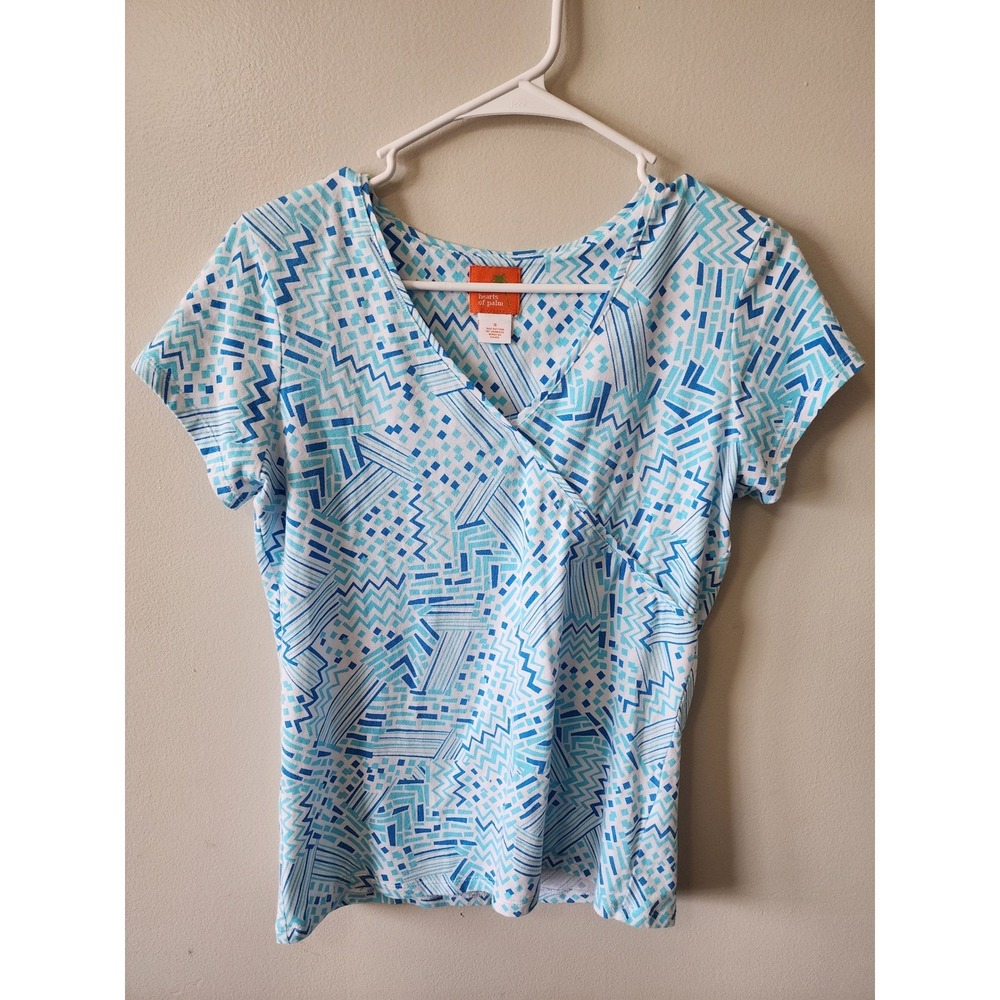 Hearts of Palm Womens Small Blue White Geometric Abstract Faux Wrap V-Neck Top
